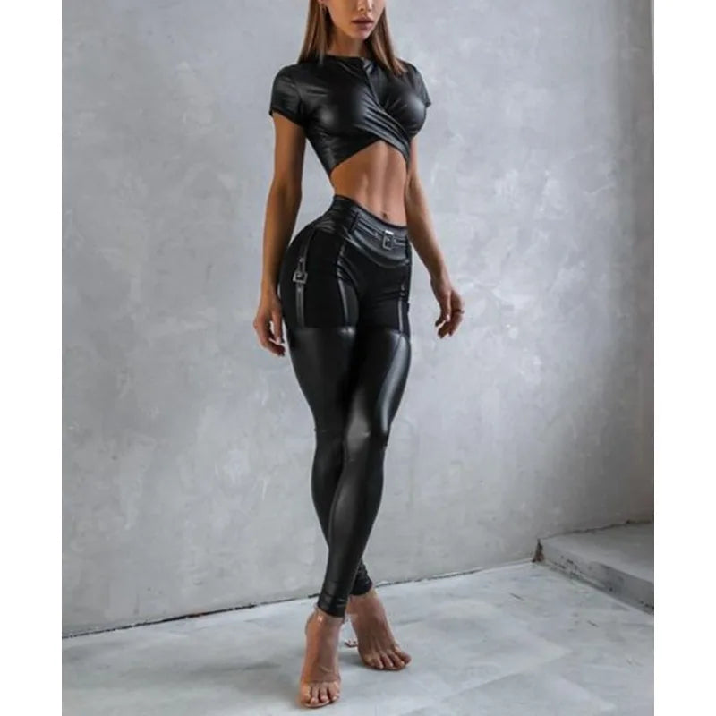 Stylish Faux Leather 2-Pieces Outfit