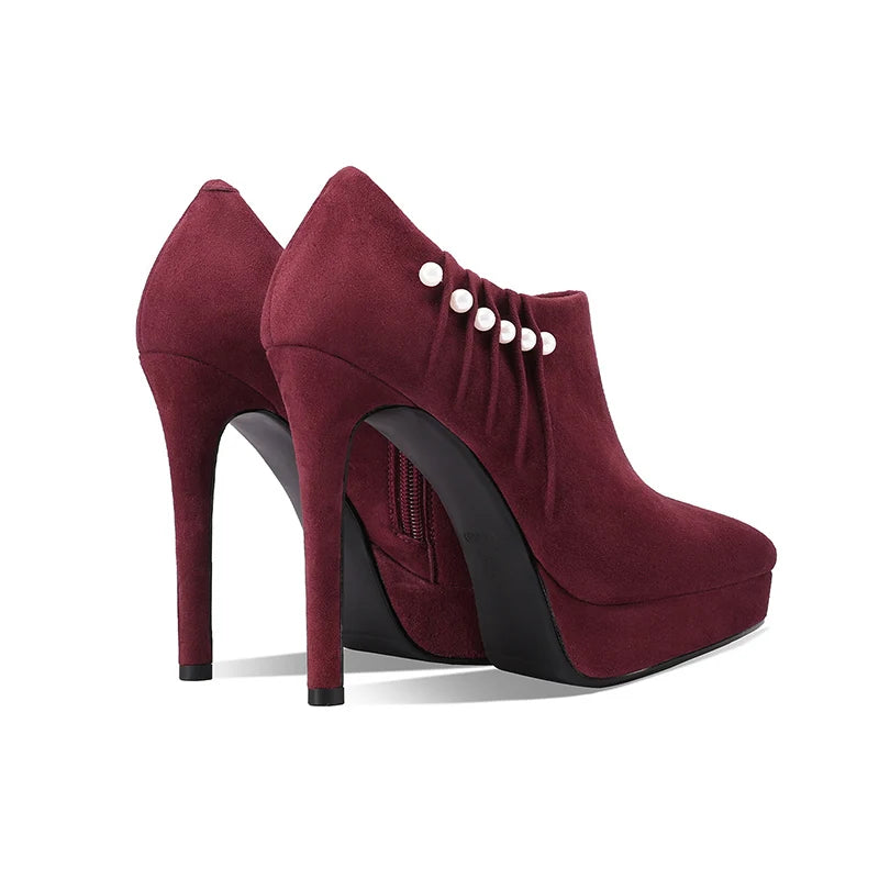 Burgundy suede high-heel ankle pump with pearl-look strap trim