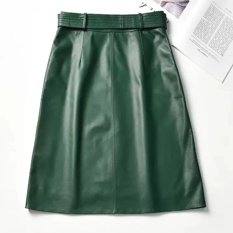 Green leather midi skirt with wide waistband and stitched front seams