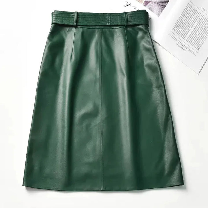 Green leather midi skirt with wide waistband and stitched front seams
