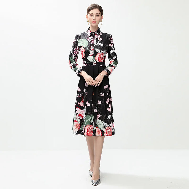 Lovely Turn-down Collar Midi Dress