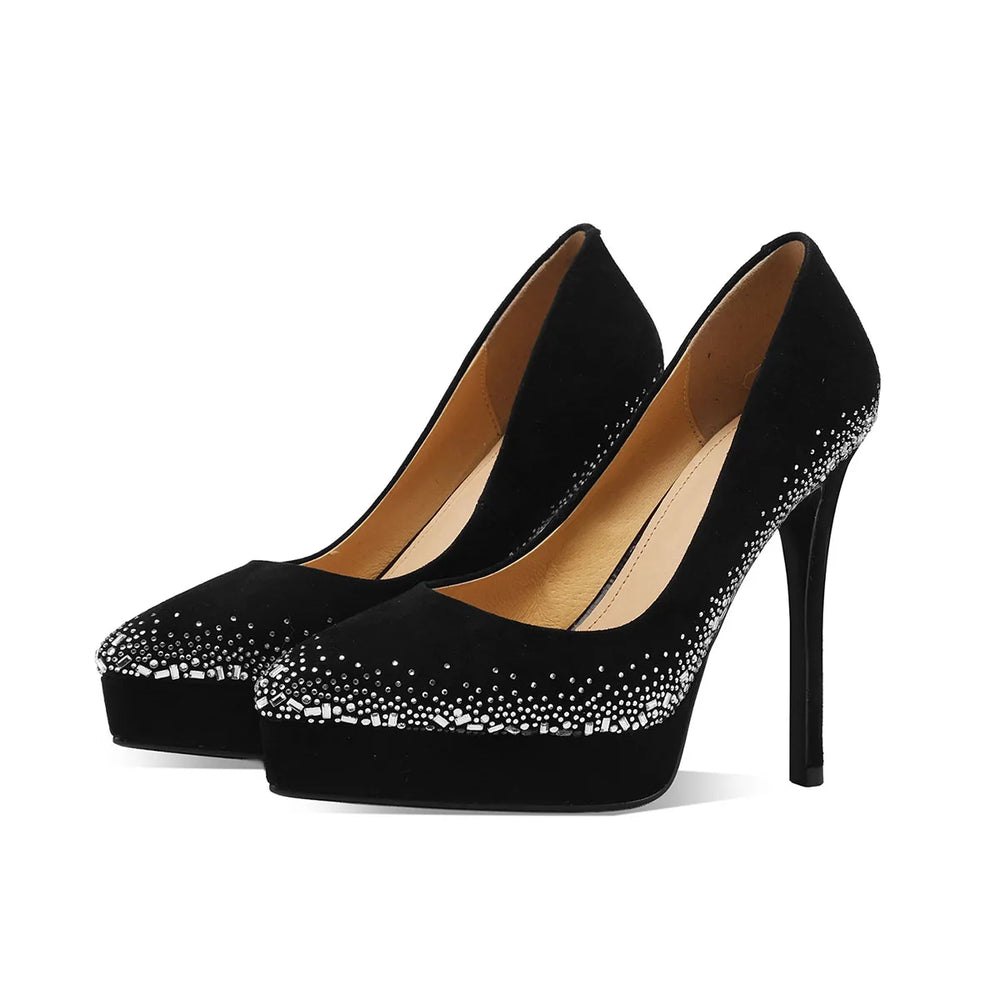 Black suede crystal-embellished platform heel pumps with pointed toe and stiletto heel