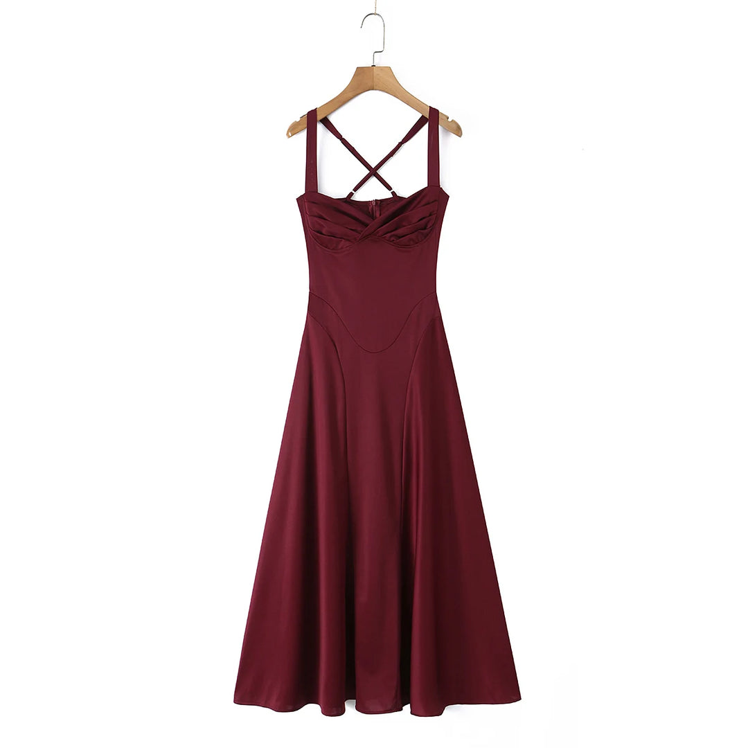 Burgundy red lace-up ruched midi dress on hanger with crisscross back straps and flared skirt
