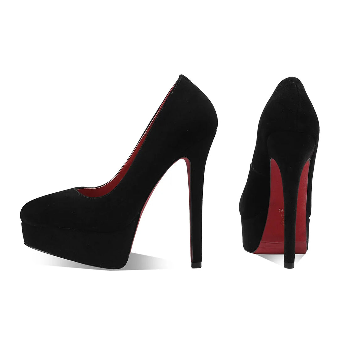 Black suede round-toe platform heel pumps with red lining, side view