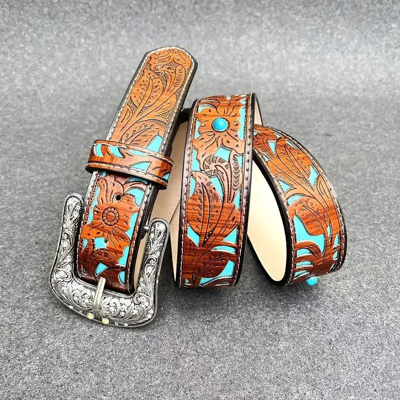 Western Style Carved Leather Belt