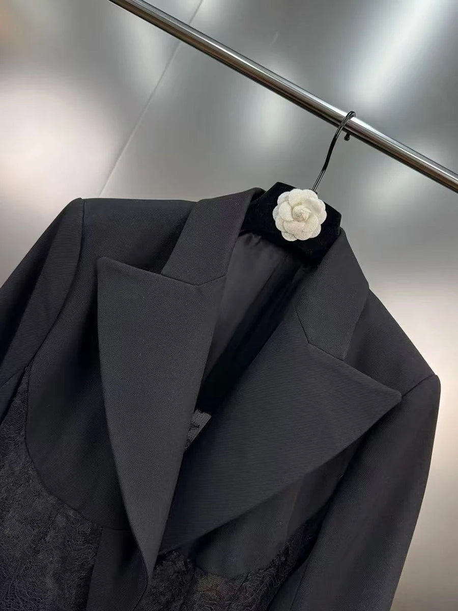 Black sheer lace panel blazer with open front and notch lapels