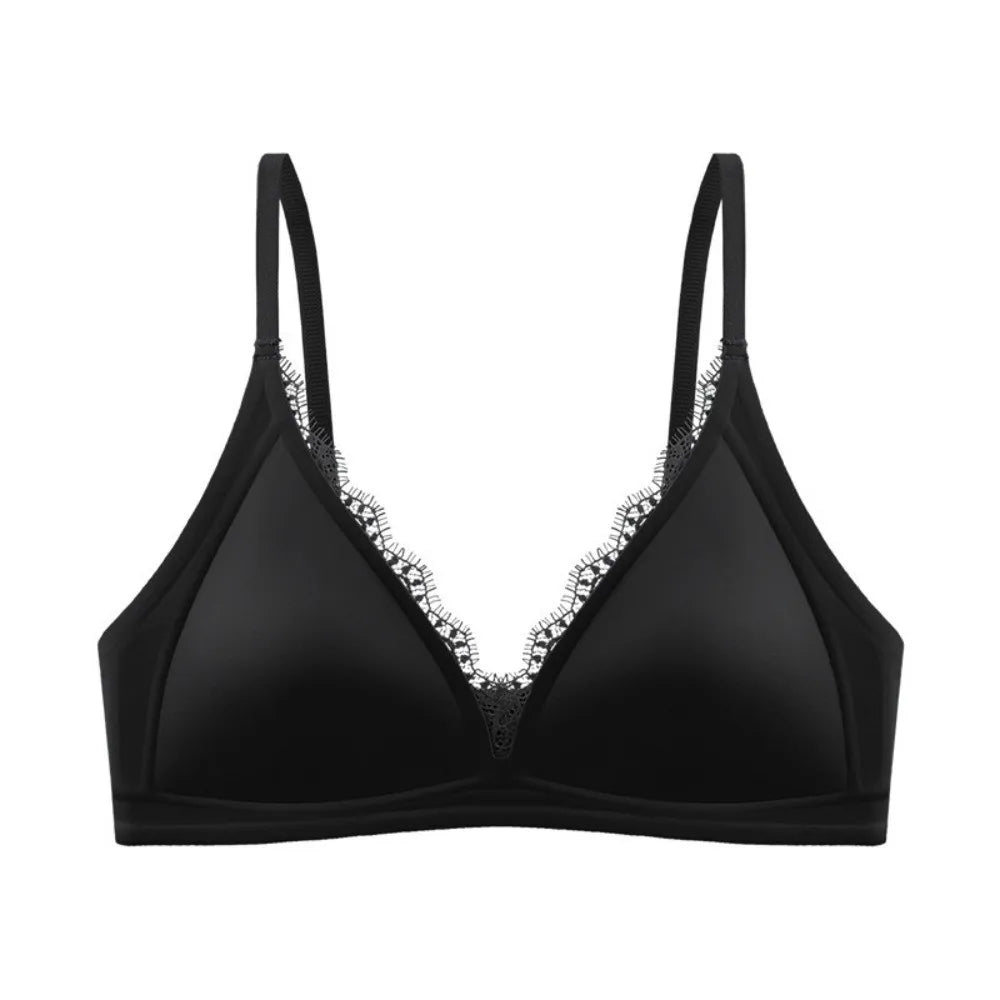 Black wireless V-neck satin bra with lace trim and seamless, traceless straps.