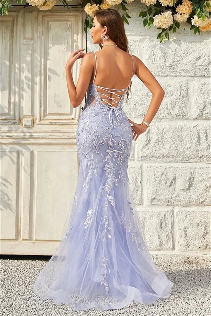 Lavender embroidered tulle formal gown with open back and crisscross lace-up straps