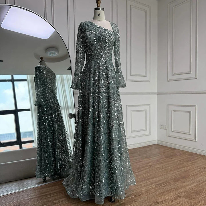 Gorgeous Beaded Puffy Sleeve Arabic Evening Gown