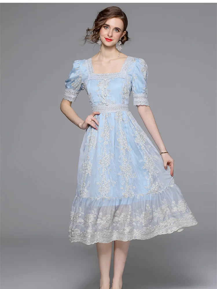 Sweet Lace Embroidered A-Line Midi Dress