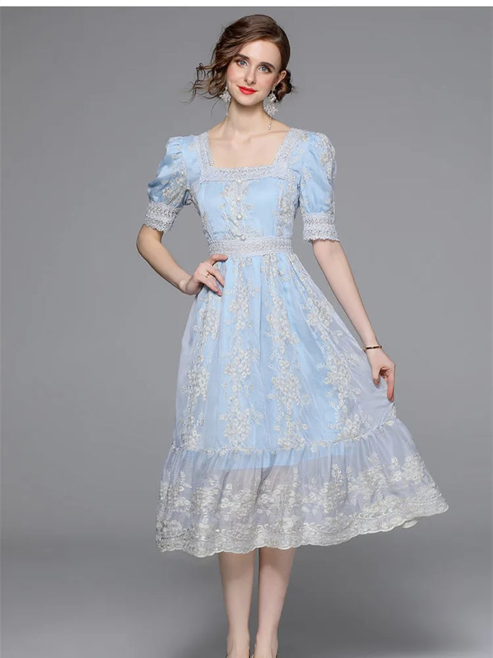 Sweet Lace Embroidered A-Line Midi Dress