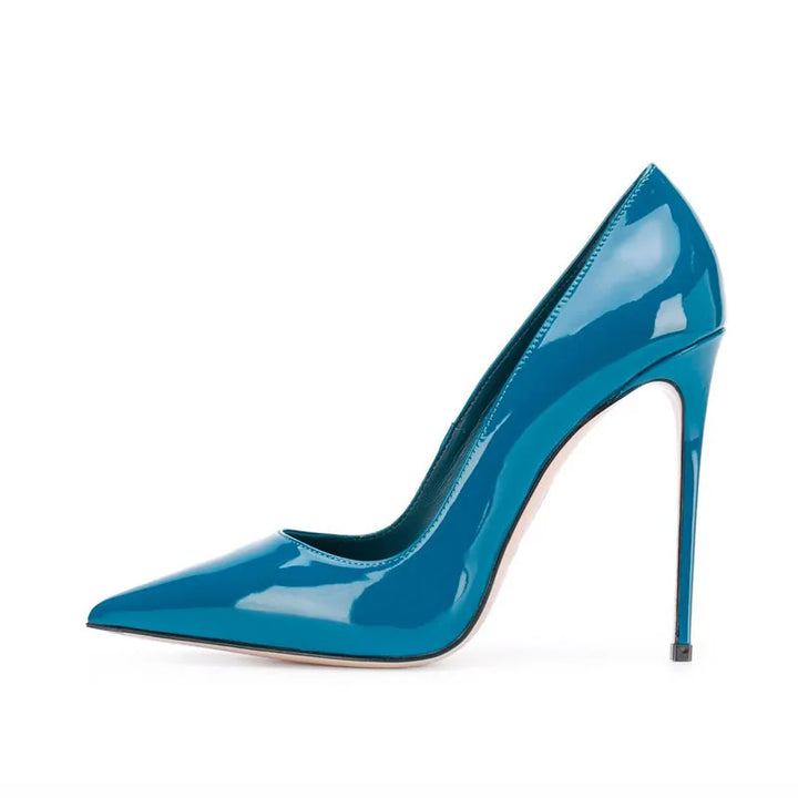Blue patent high-heel pumps with pointed toe and slim stiletto heel
