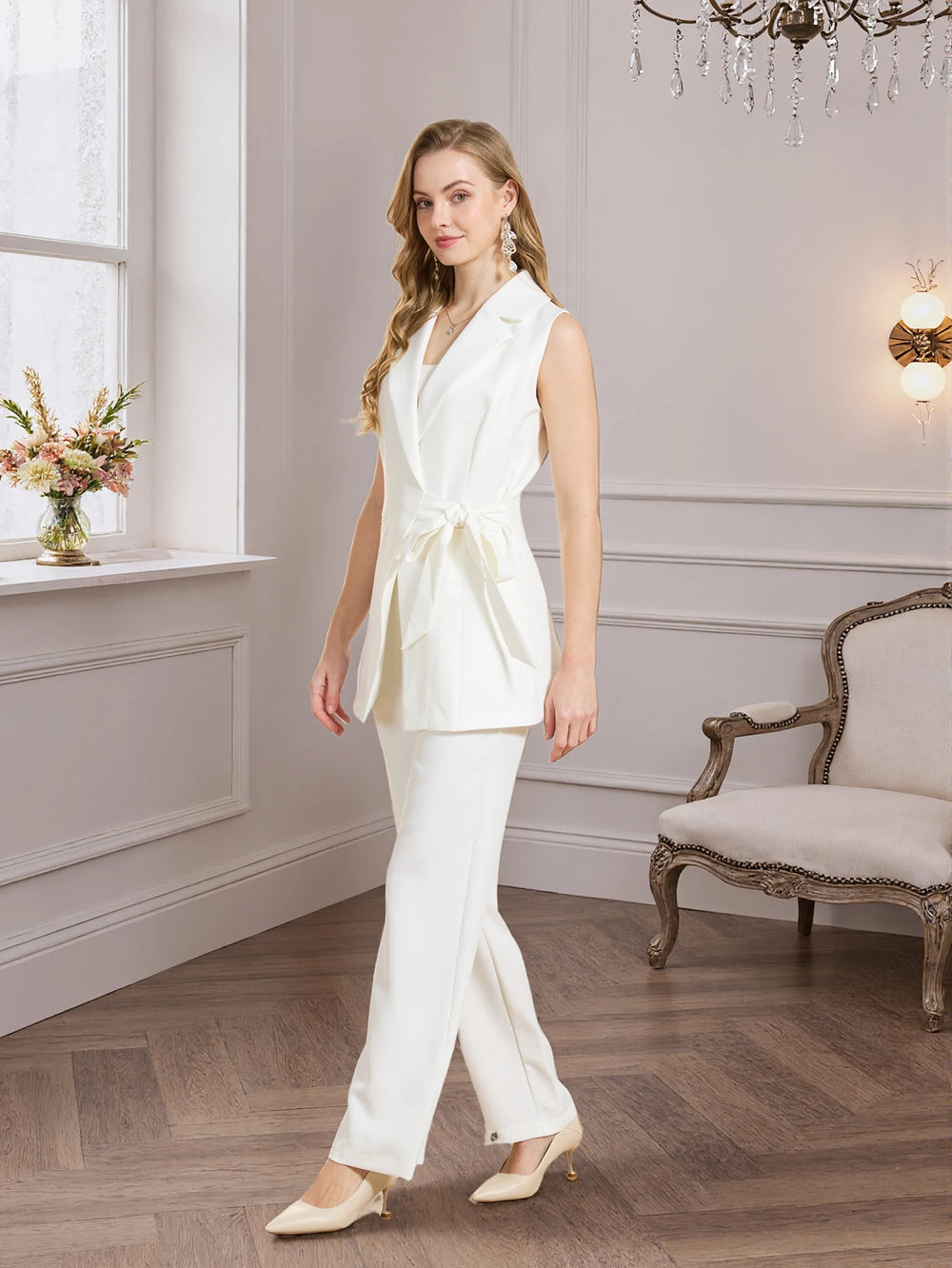 Women's white sleeveless blazer vest with tie waist and matching wide-leg pants