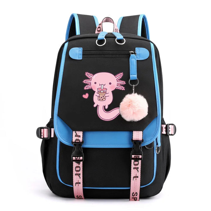 Black backpack with pink cartoon graphic, white trim, and blue accent panels