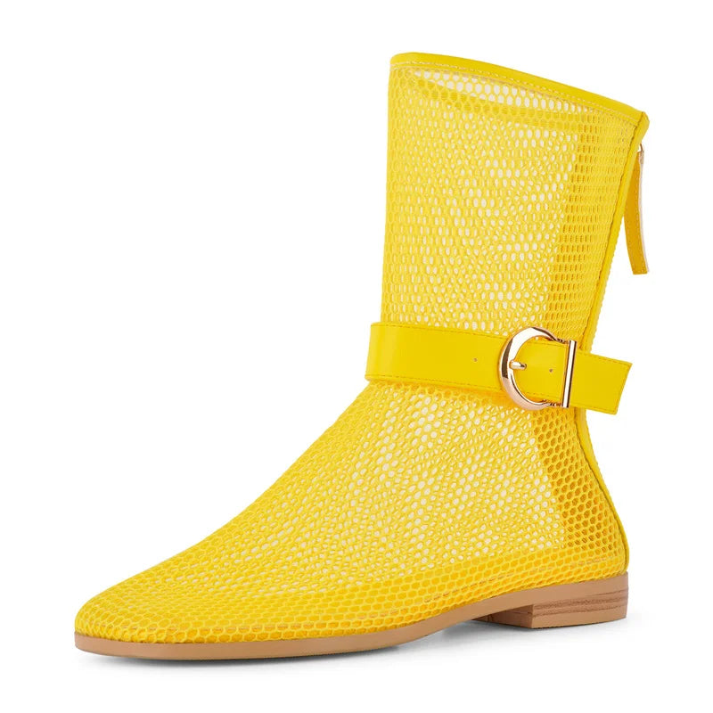 Yellow mesh ankle boots with side pull tab and buckle strap, low block heel