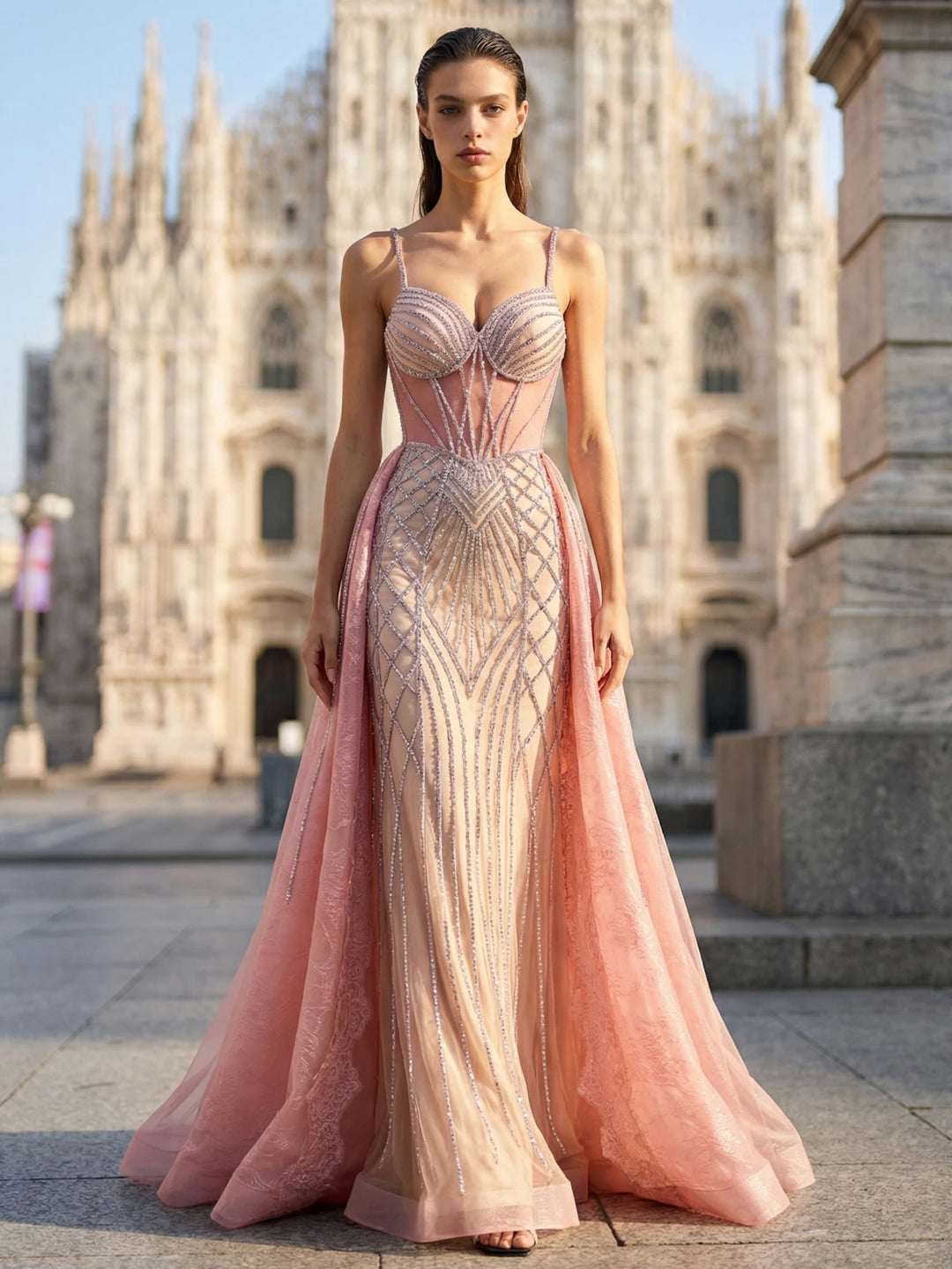 Glamorous Beaded Cape Gala Dress