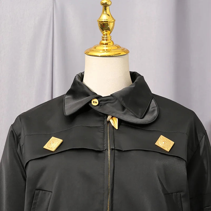 Women’s spliced fashion coat, black satin-like fabric, stand collar, front gold zip