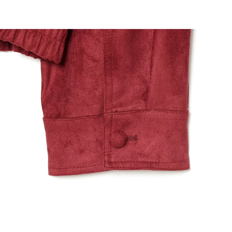 Red faux suede biker jacket sleeve cuff with elastic band and round button detail
