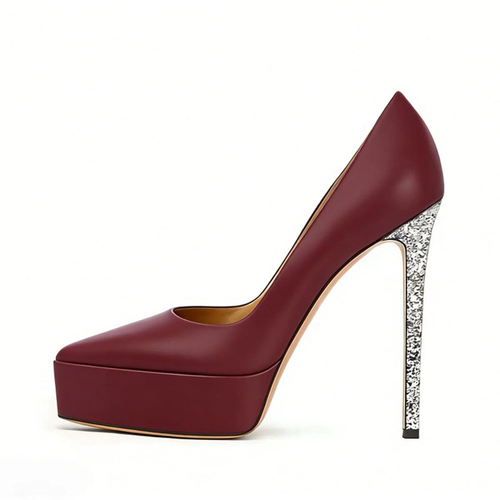 Burgundy matte platform stiletto pumps with silver glitter heel, angled view