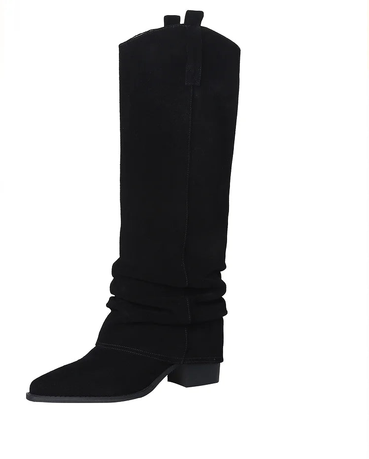 Trendy Pleated Mid-Calf Cow Suede Boots