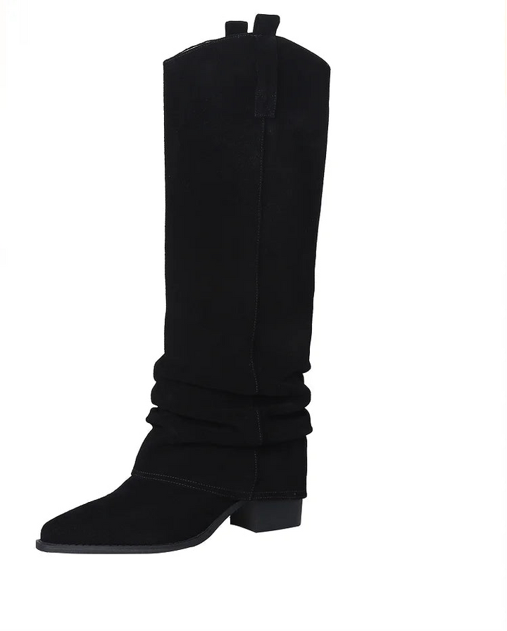 Trendy Pleated Mid-Calf Cow Suede Boots