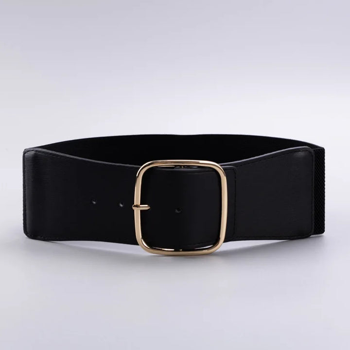 Black PU leather corset waist belt with gold square buckle