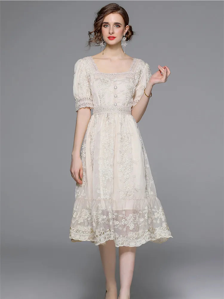 Sweet Lace Embroidered A-Line Midi Dress