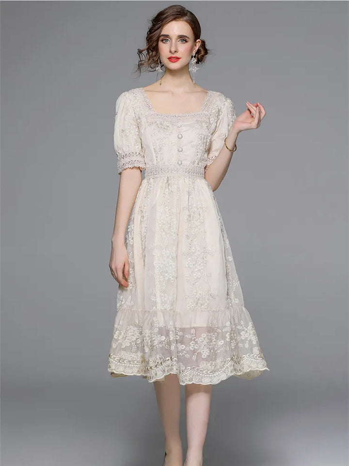 Sweet Lace Embroidered A-Line Midi Dress