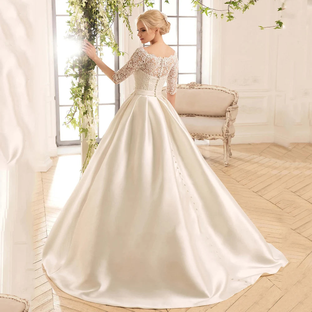 Modern Satin Boat Neck Bridal Gown