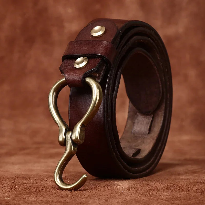 Dark brown leather belt with antique brass buckle and multiple keeper straps