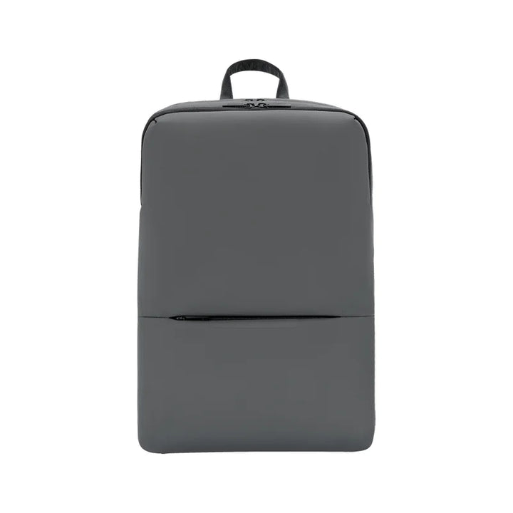 Dark grey large travel work backpack with top handle and front zip pocket panel