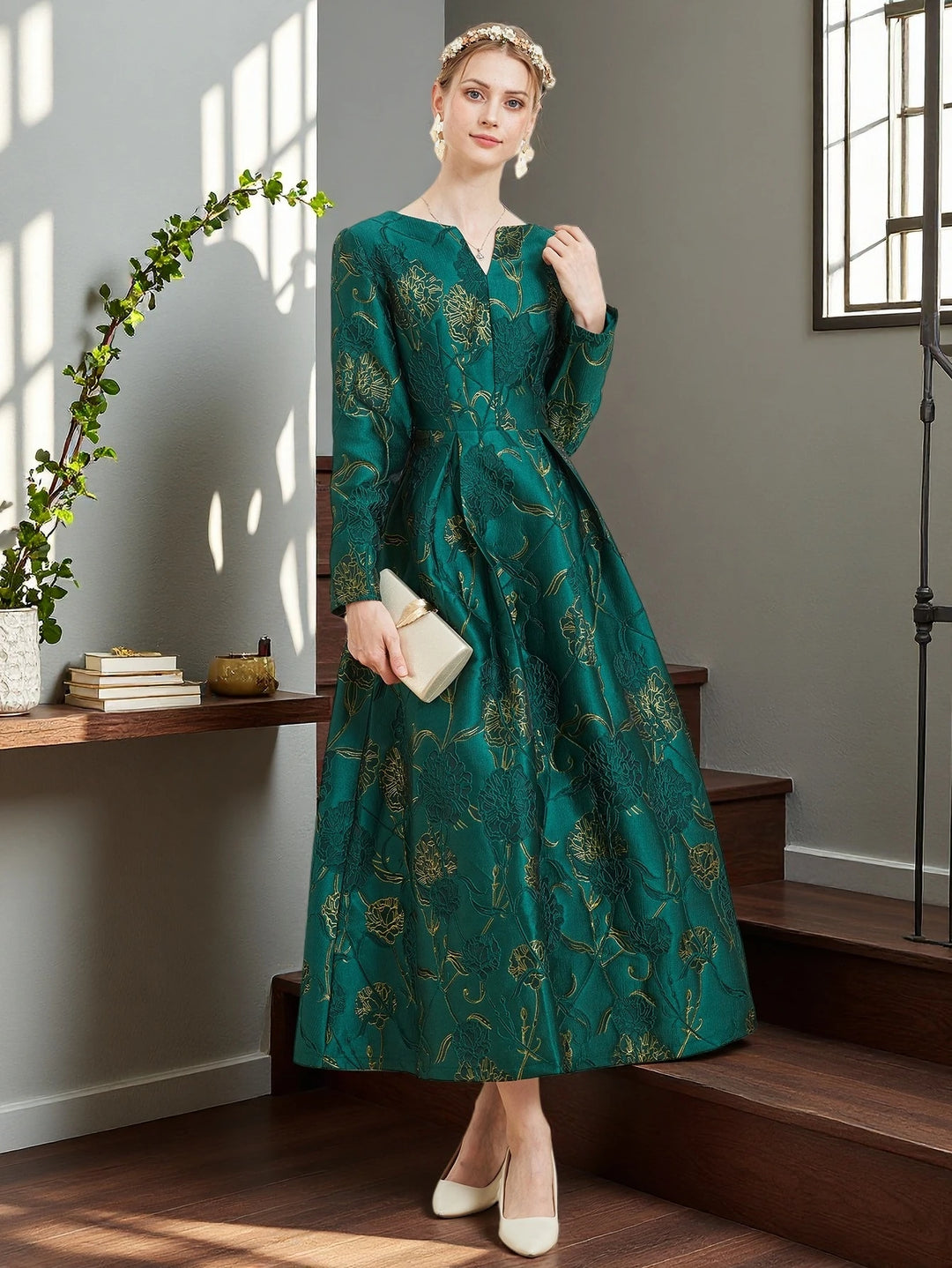 Elegant Floral Long Sleeves Evening Dress