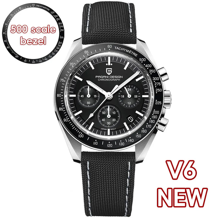 Black wristwatch with detailed face and 'V6 NEW' text on a white background