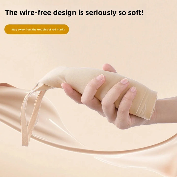 Beige satin wire-free triangle bra with lace V neckline, shown flexing