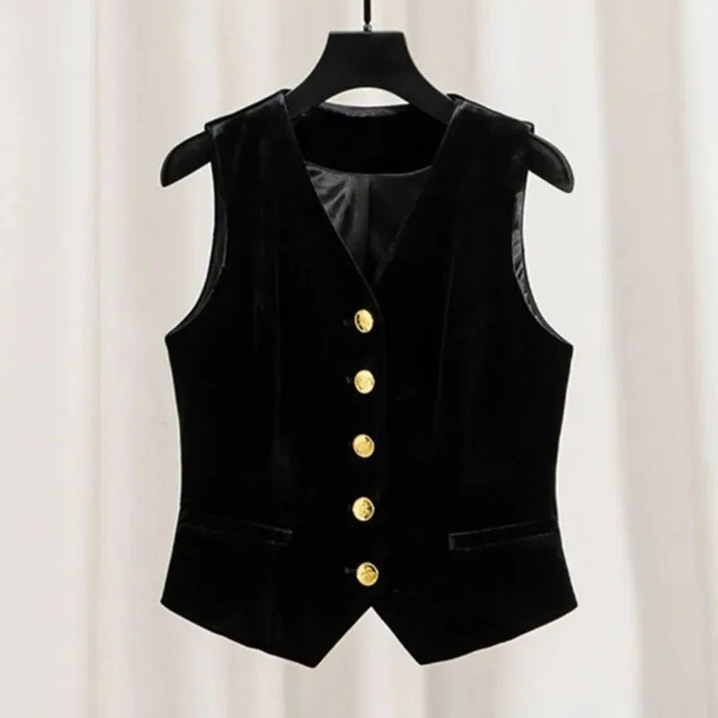 Black velvet sleeveless waistcoat on hanger with V-neck and gold button front