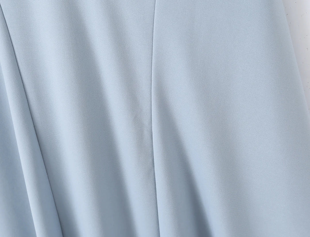 Blue gray ruched midi dress skirt with gathered pleats for a flowing fit