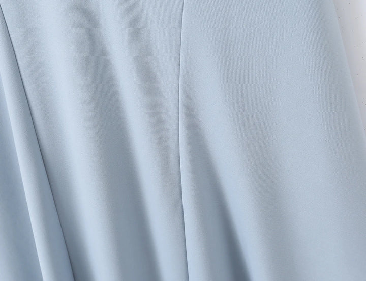 Blue gray ruched midi dress skirt with gathered pleats for a flowing fit