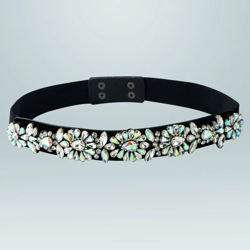 Rhinestone corset waist belt with dark band and silver-green multicolor stone clusters