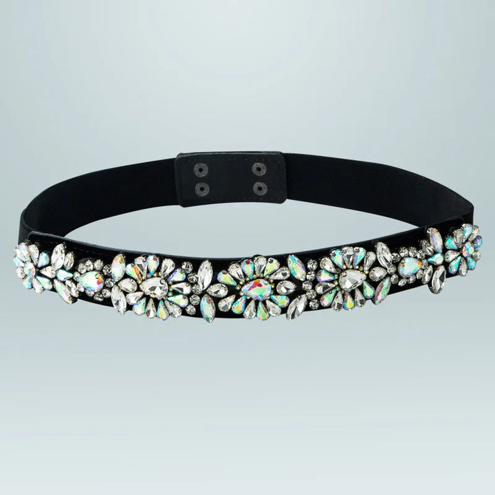 Rhinestone corset waist belt with dark band and silver-green multicolor stone clusters