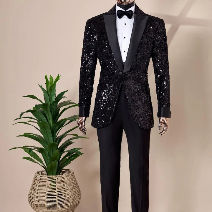 Notched Shining Sequins Two Piece Tuxedo