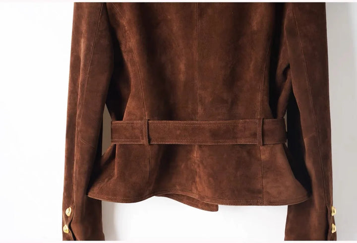 Brown suede belted jacket front with peplum waist and buttoned cuffs