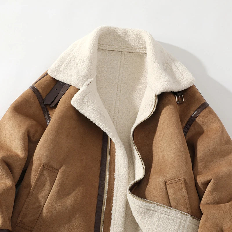 Elegant Suede Leather Woolen Thick Coat