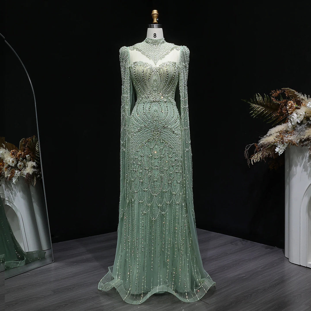 Elegant Beaded Cape Sleeve Arabic Evening Dress