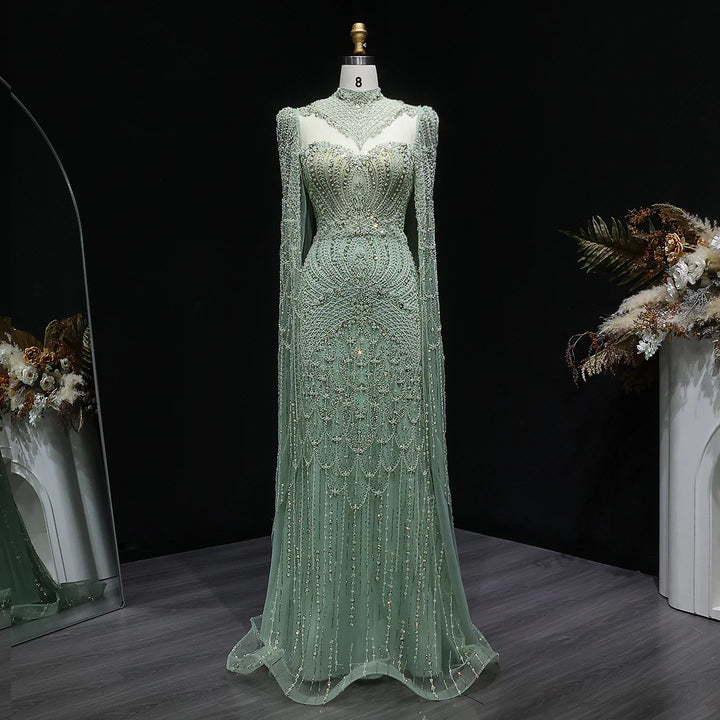 Elegant Beaded Cape Sleeve Arabic Evening Dress