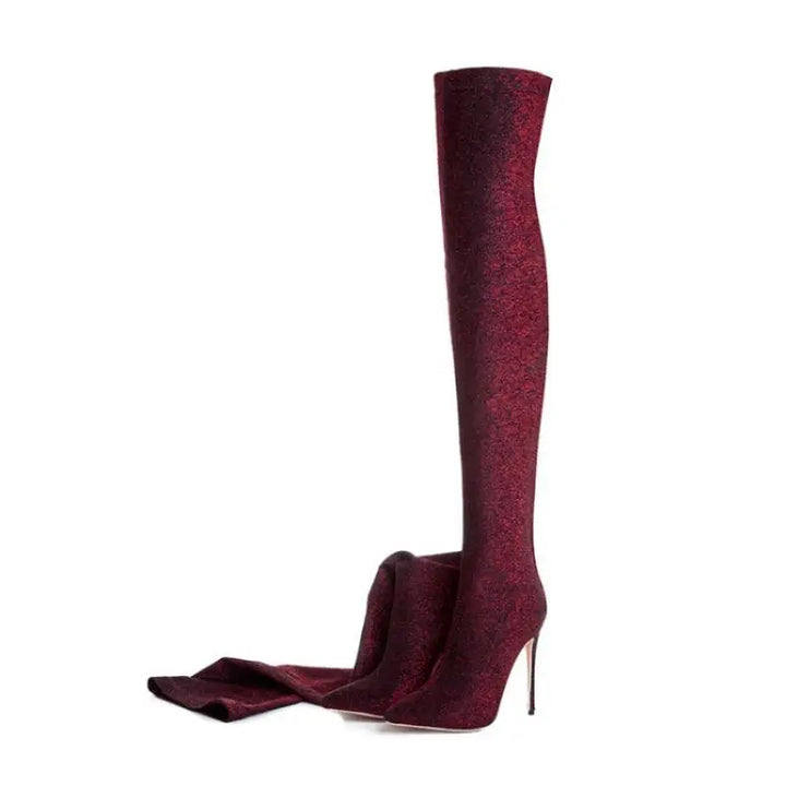 Burgundy thigh-high stretch fabric boots with stiletto heel, folded cuff detail