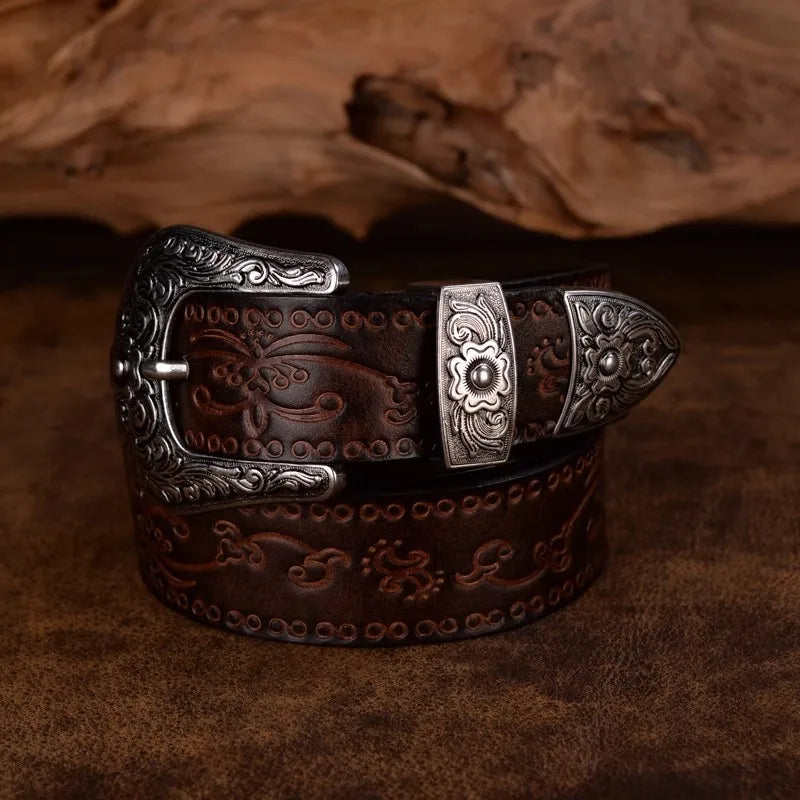 Punk Embossed Western Cowboy Leather Belt