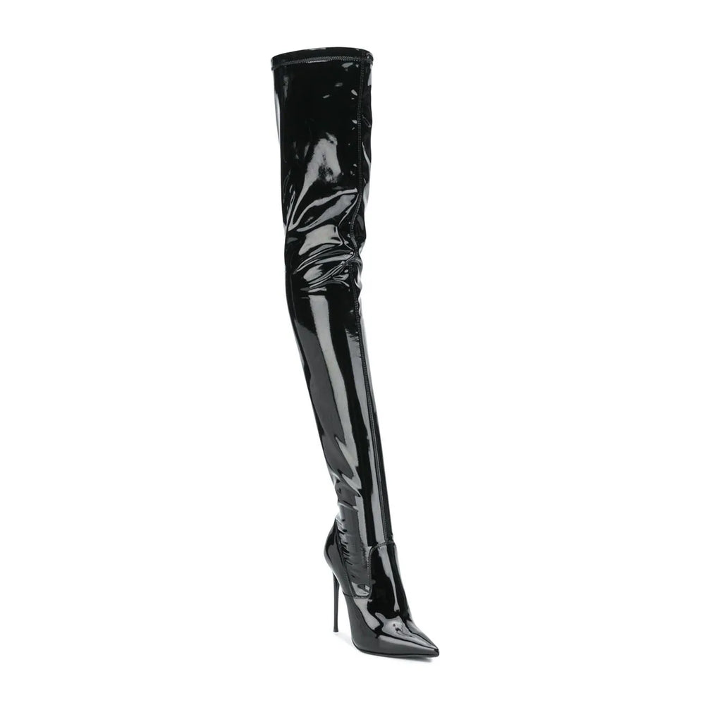 Women’s skinny heel boots, tall black patent leather with glossy finish and pointed toe