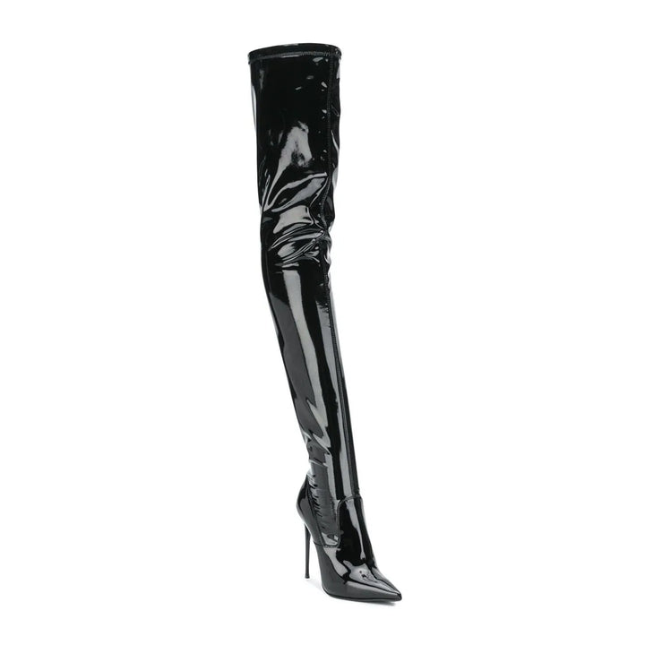 Women’s skinny heel boots, tall black patent leather with glossy finish and pointed toe