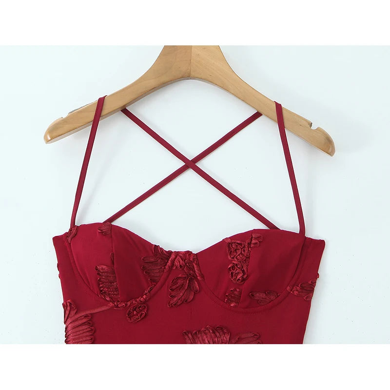 Red lace-up backless maxi dress bodice with ruched detailing and cross-back straps
