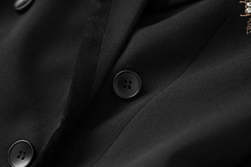 Black blazer fabric and button close-up with two dark plastic buttons